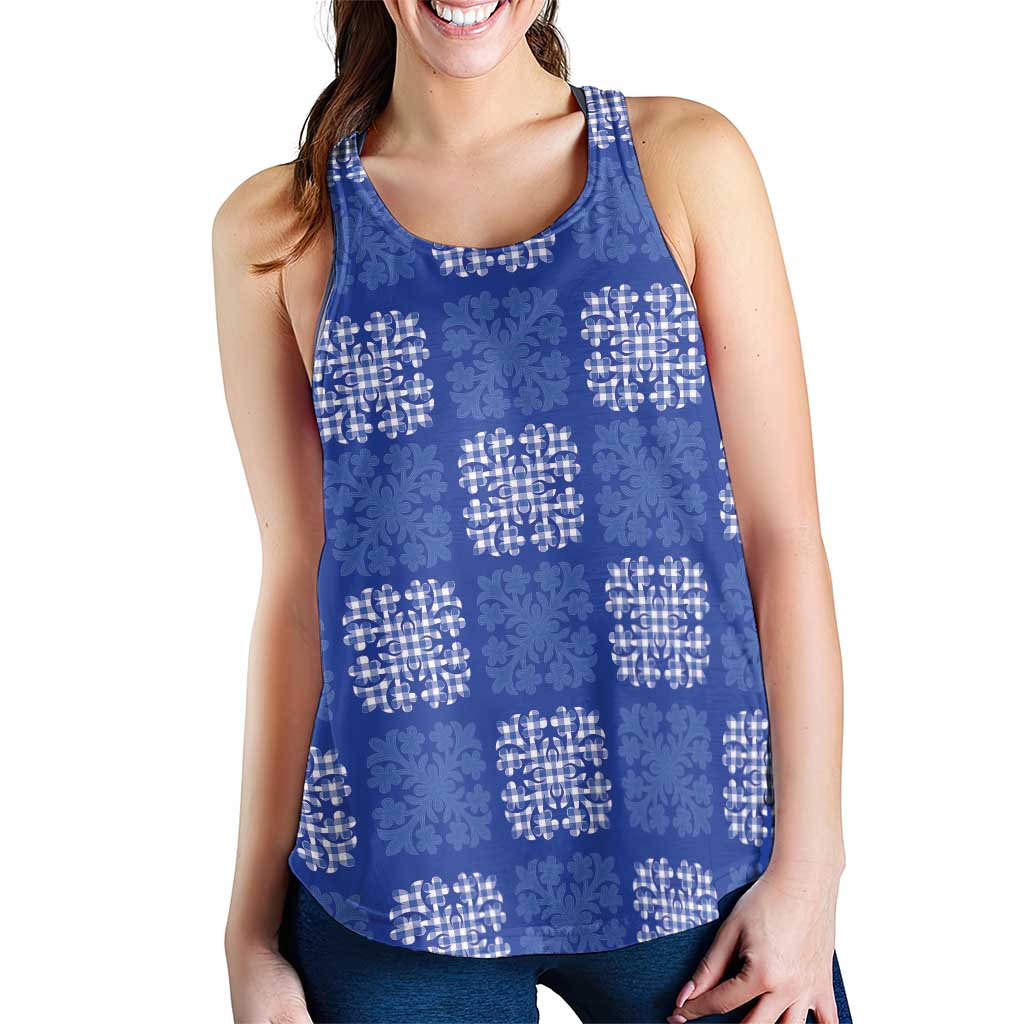 Royal Blue Palaka Quilt Hawaii Women Racerback Tank Traditional Hawaii-plaid Pattern - Polynesian Pride
