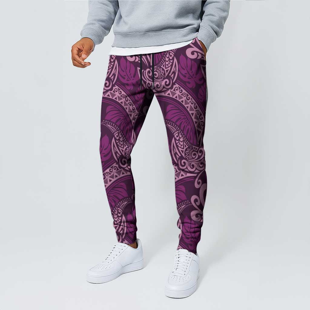 Royal Purple Monstera Jogger Pants Polynesian Tribal Pattern - Polynesian Pride