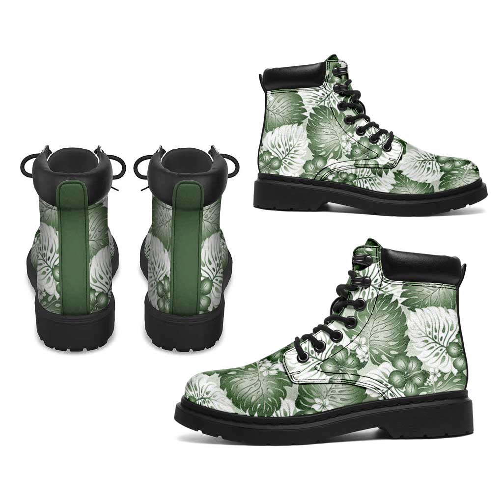 Sage Green Aloha Hawaii All Season Boots Monstera Hibiscus Plumeria Seamless Vibes - Polynesian Pride