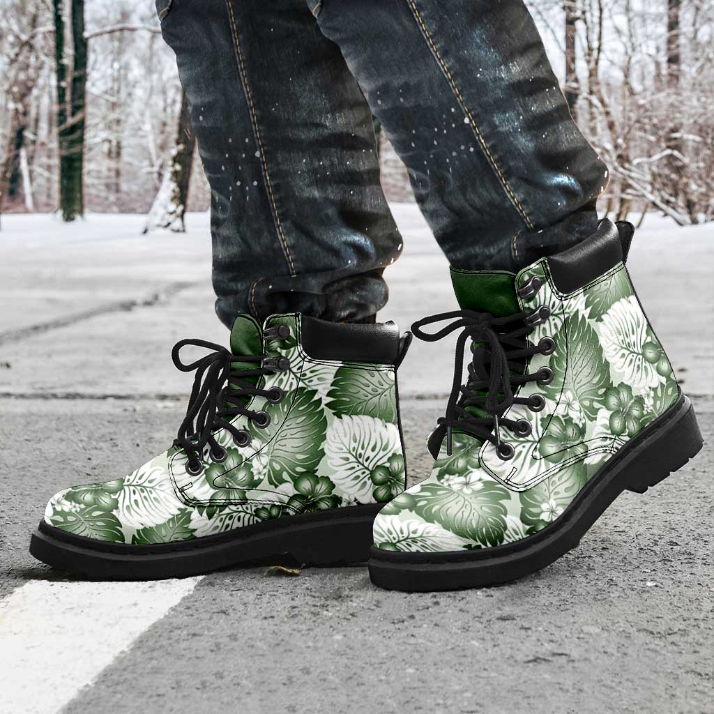 Sage Green Aloha Hawaii All Season Boots Monstera Hibiscus Plumeria Seamless Vibes - Polynesian Pride