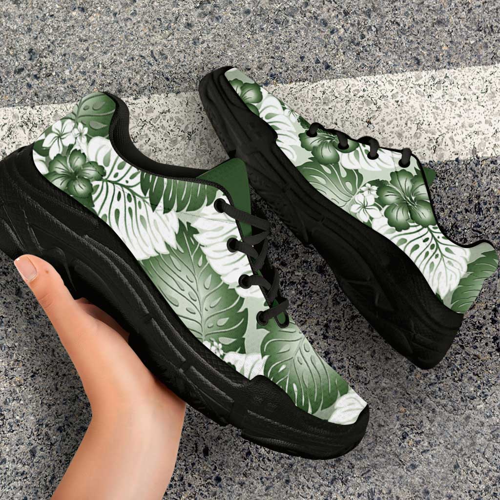 Sage Green Aloha Hawaii Chunky Sneakers Monstera Hibiscus Plumeria Seamless Vibes - Polynesian Pride