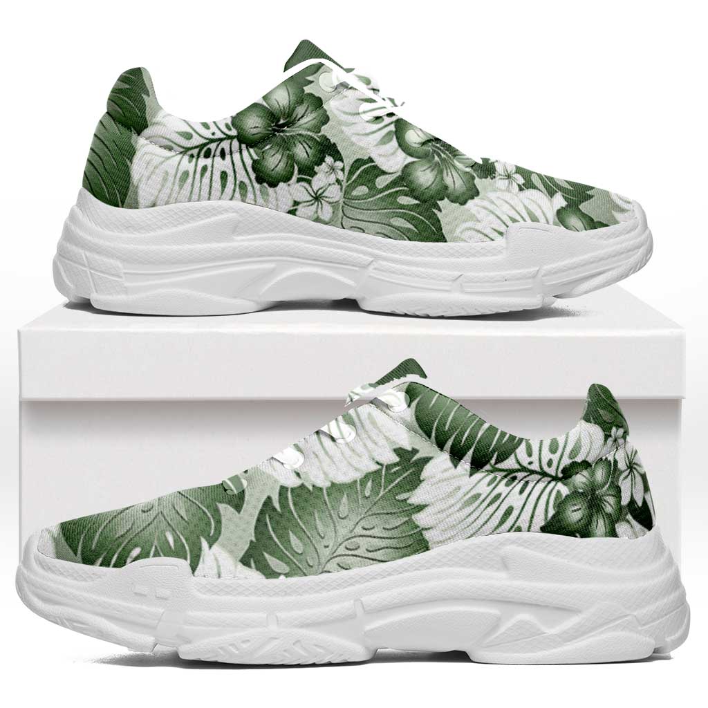 Sage Green Aloha Hawaii Chunky Sneakers Monstera Hibiscus Plumeria Seamless Vibes - Polynesian Pride