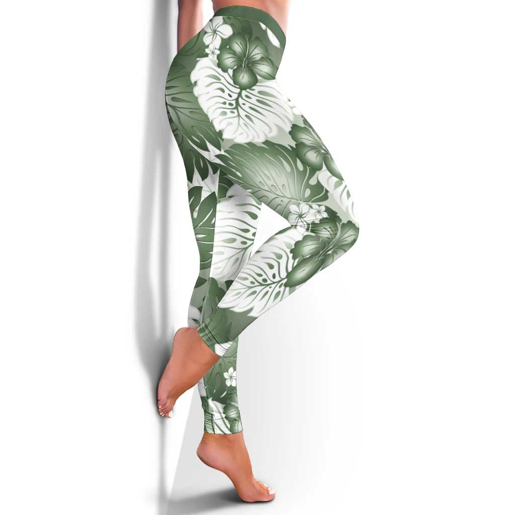Sage Green Aloha Hawaii Leggings Monstera Hibiscus Plumeria Seamless Vibes - Polynesian Pride