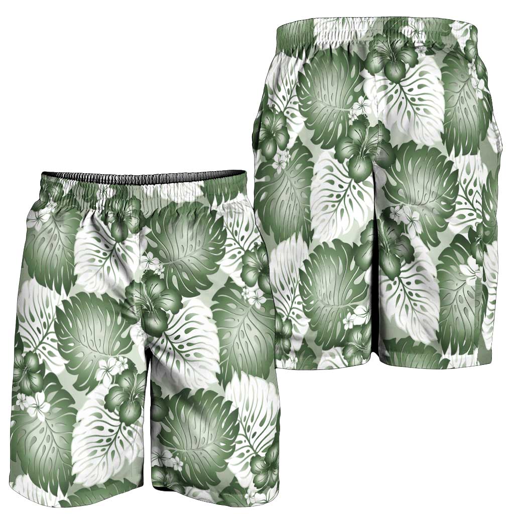 Sage Green Aloha Hawaii Shorts for Men Monstera Hibiscus Plumeria Seamless Vibes - Polynesian Pride