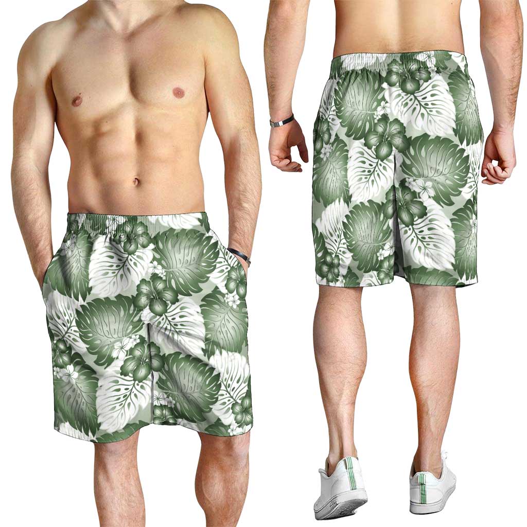 Sage Green Aloha Hawaii Shorts for Men Monstera Hibiscus Plumeria Seamless Vibes - Polynesian Pride