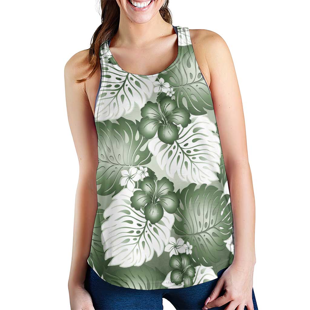 Sage Green Aloha Hawaii Women Racerback Tank Monstera Hibiscus Plumeria Seamless Vibes - Polynesian Pride
