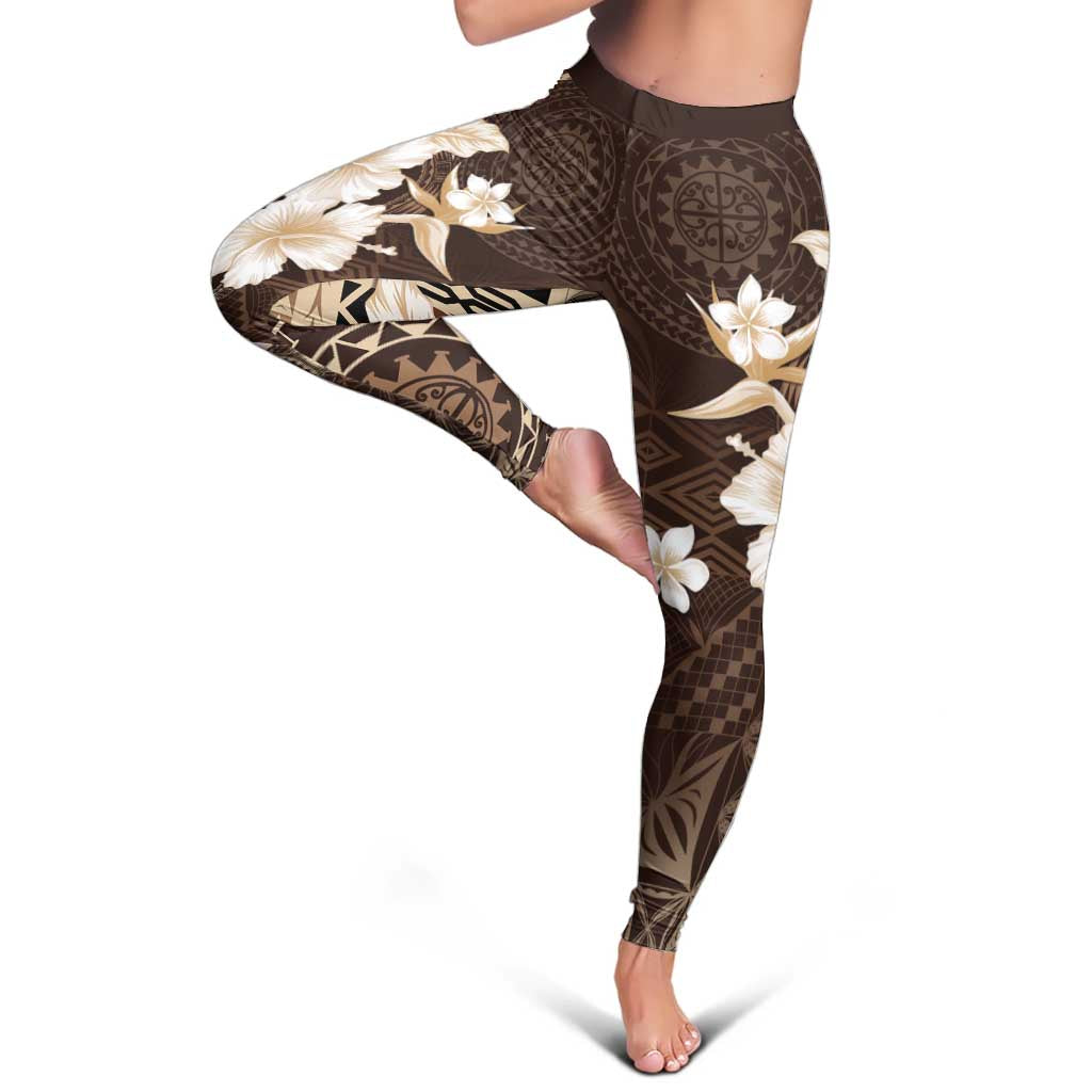 Samoa Siapo Pattern With Brown Hibiscus Leggings - Polynesian Pride