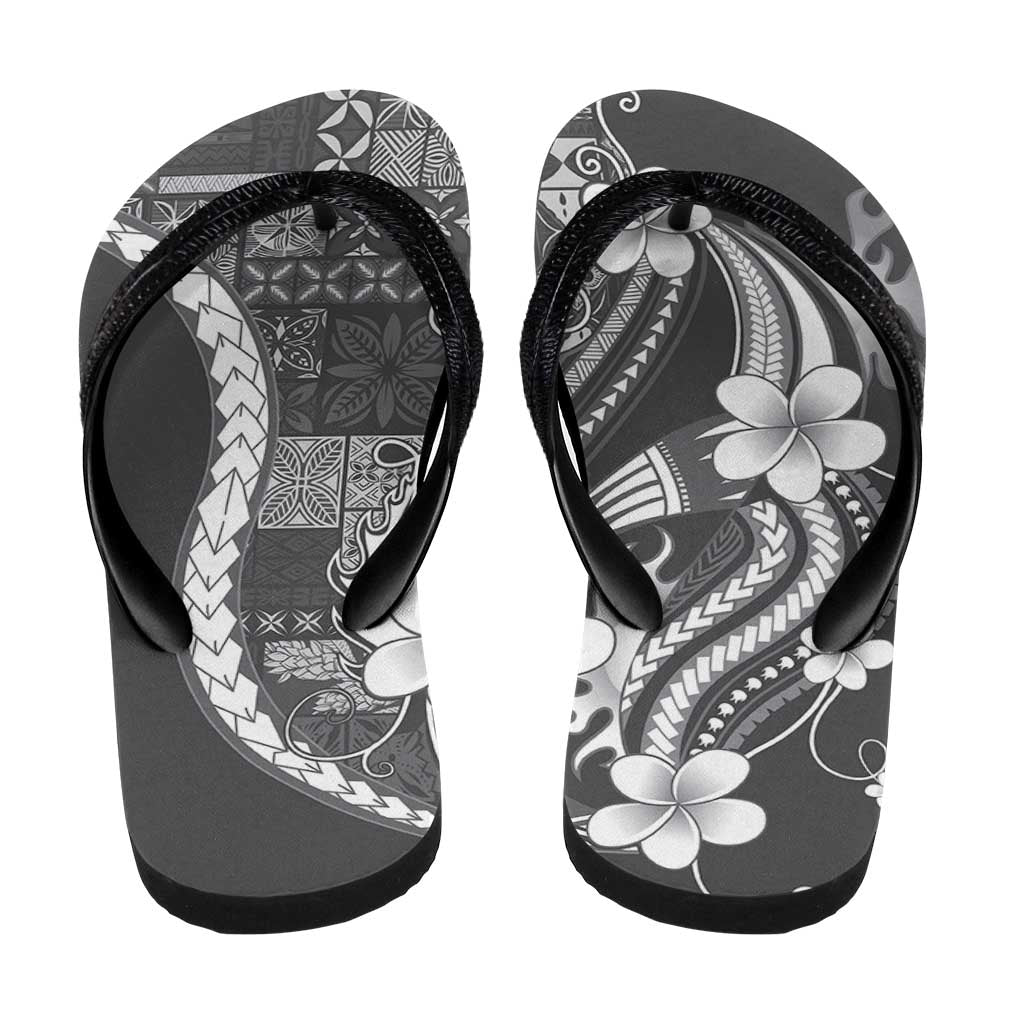 Samoa Siapo Tribal Pattern Flip Flops Light Gray Polynesian Plumeria Tapa Motif