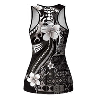 Samoa Siapo Tribal Pattern Hollow Tank Top Black Polynesian Plumeria Tapa Motif