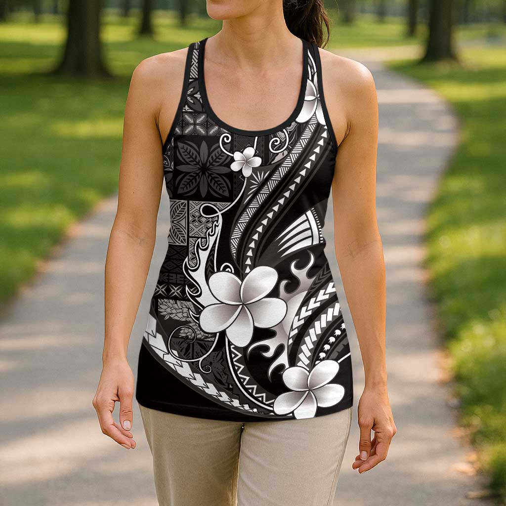 Samoa Siapo Tribal Pattern Hollow Tank Top Black Polynesian Plumeria Tapa Motif