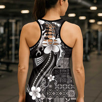Samoa Siapo Tribal Pattern Hollow Tank Top Black Polynesian Plumeria Tapa Motif