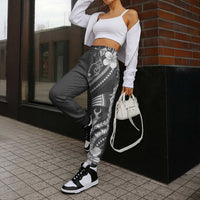 Samoa Siapo Tribal Pattern Jogger Pants Light Gray Polynesian Plumeria Tapa Motif