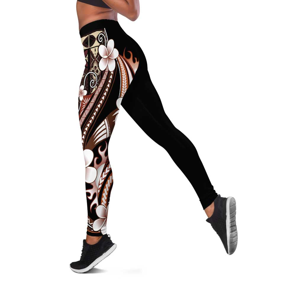 Samoa Siapo Tribal Pattern Leggings Brown Polynesian Plumeria Tapa Motif