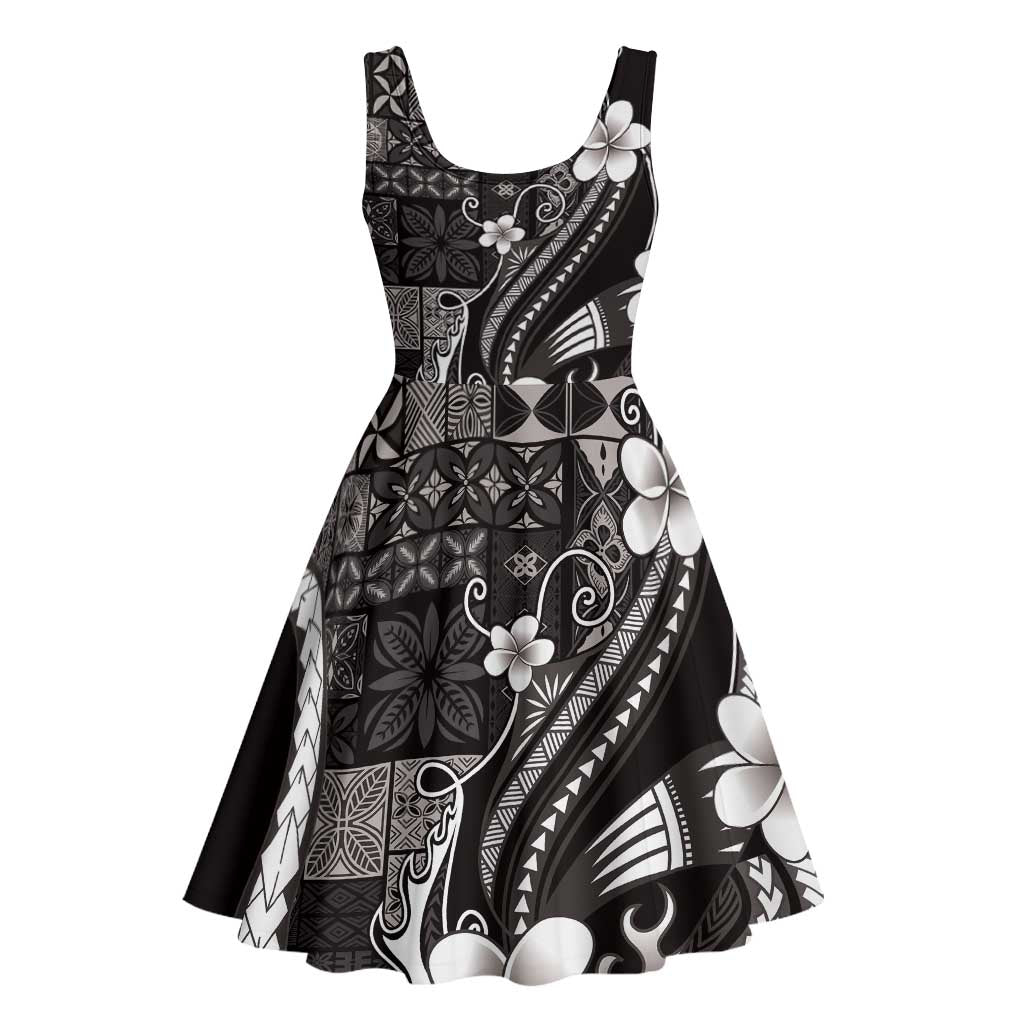 Samoa Siapo Tribal Pattern Midi Dress Black Polynesian Plumeria Tapa Motif