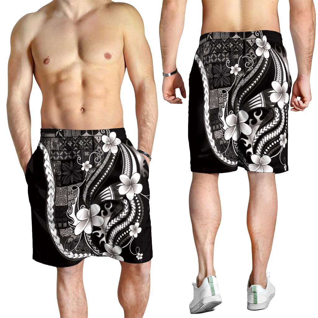Samoa Siapo Tribal Pattern Shorts for Men Black Polynesian Plumeria Tapa Motif
