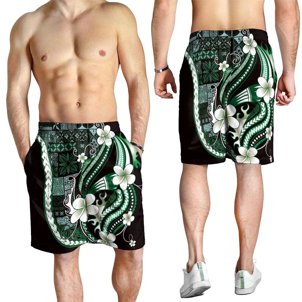 Samoa Siapo Tribal Pattern Shorts for Men Forest Green Polynesian Plumeria Tapa Motif