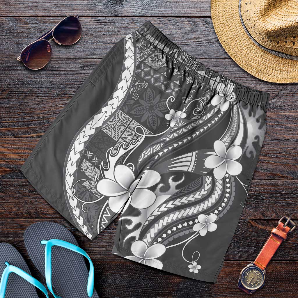 Samoa Siapo Tribal Pattern Shorts for Men Light Gray Polynesian Plumeria Tapa Motif