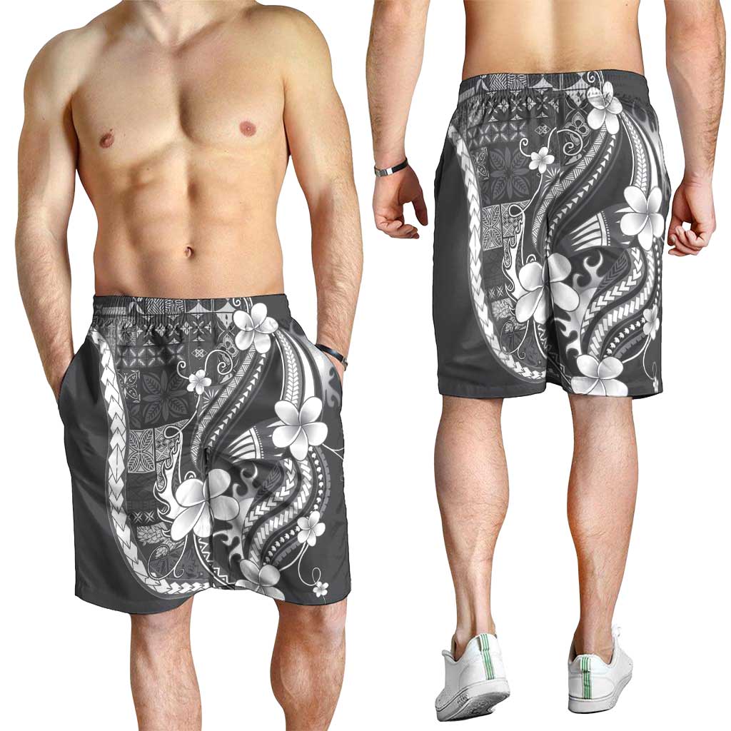 Samoa Siapo Tribal Pattern Shorts for Men Light Gray Polynesian Plumeria Tapa Motif