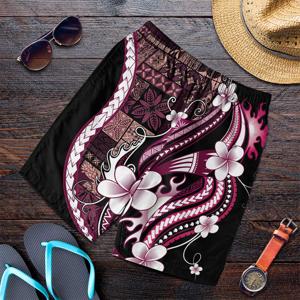 Samoa Siapo Tribal Pattern Shorts for Men Violet Polynesian Plumeria Tapa Motif