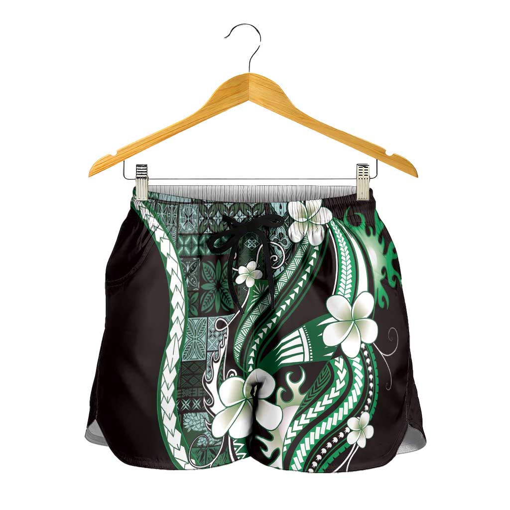 Samoa Siapo Tribal Pattern Shorts for Women Forest Green Polynesian Plumeria Tapa Motif