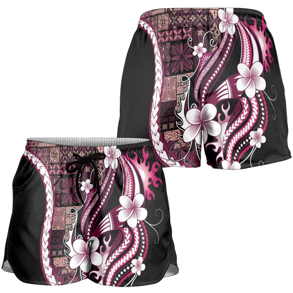 Samoa Siapo Tribal Pattern Shorts for Women Violet Polynesian Plumeria Tapa Motif