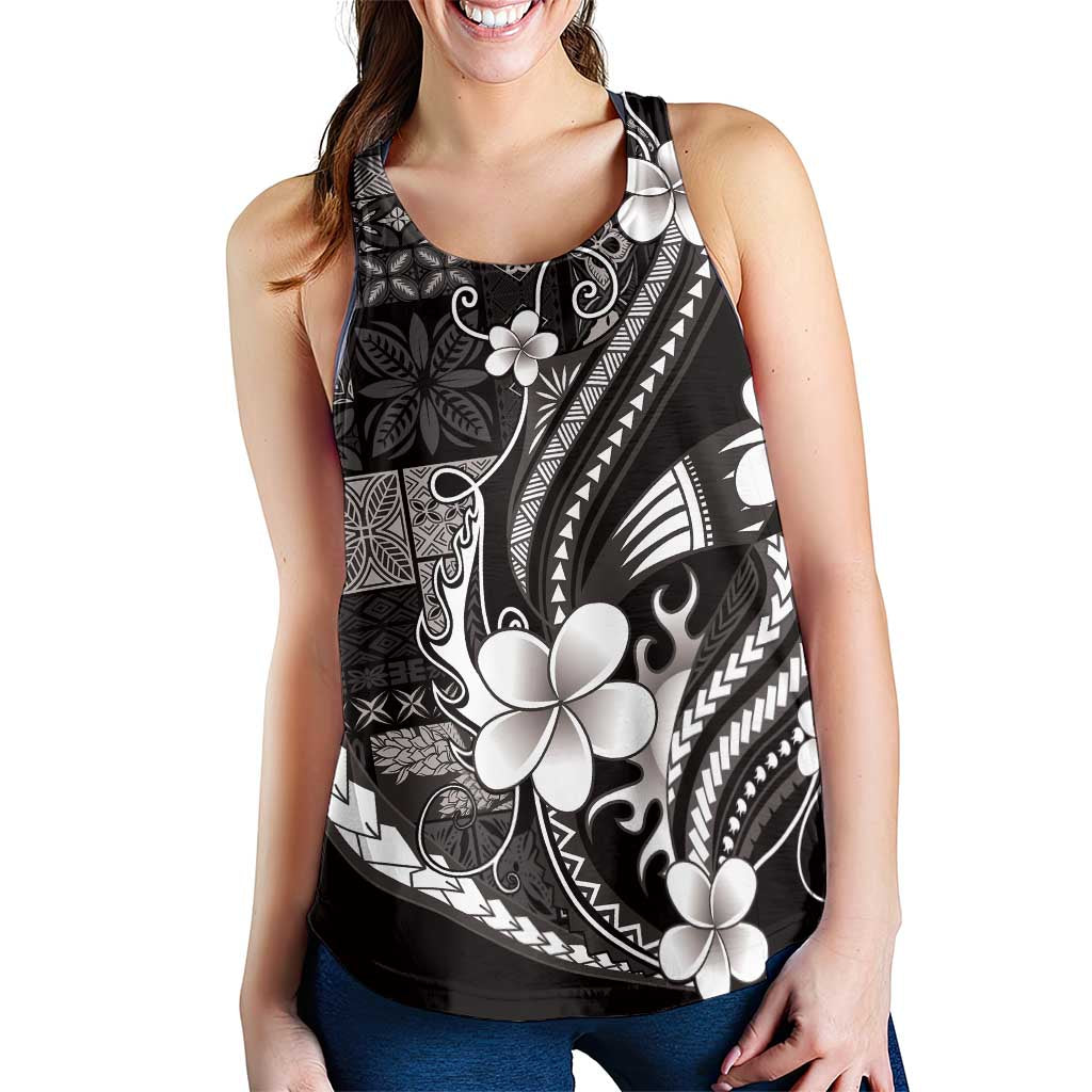 Samoa Siapo Tribal Pattern Women Racerback Tank Black Polynesian Plumeria Tapa Motif