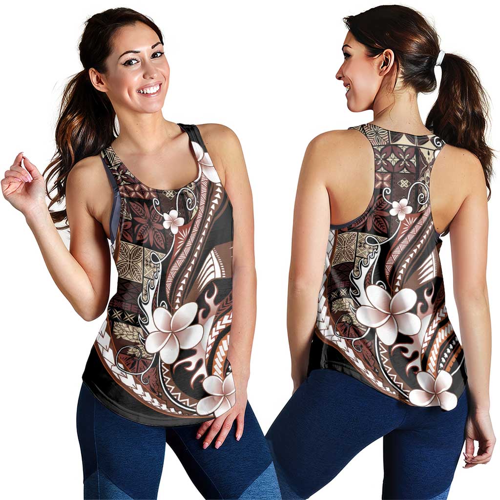 Samoa Siapo Tribal Pattern Women Racerback Tank Brown Polynesian Plumeria Tapa Motif