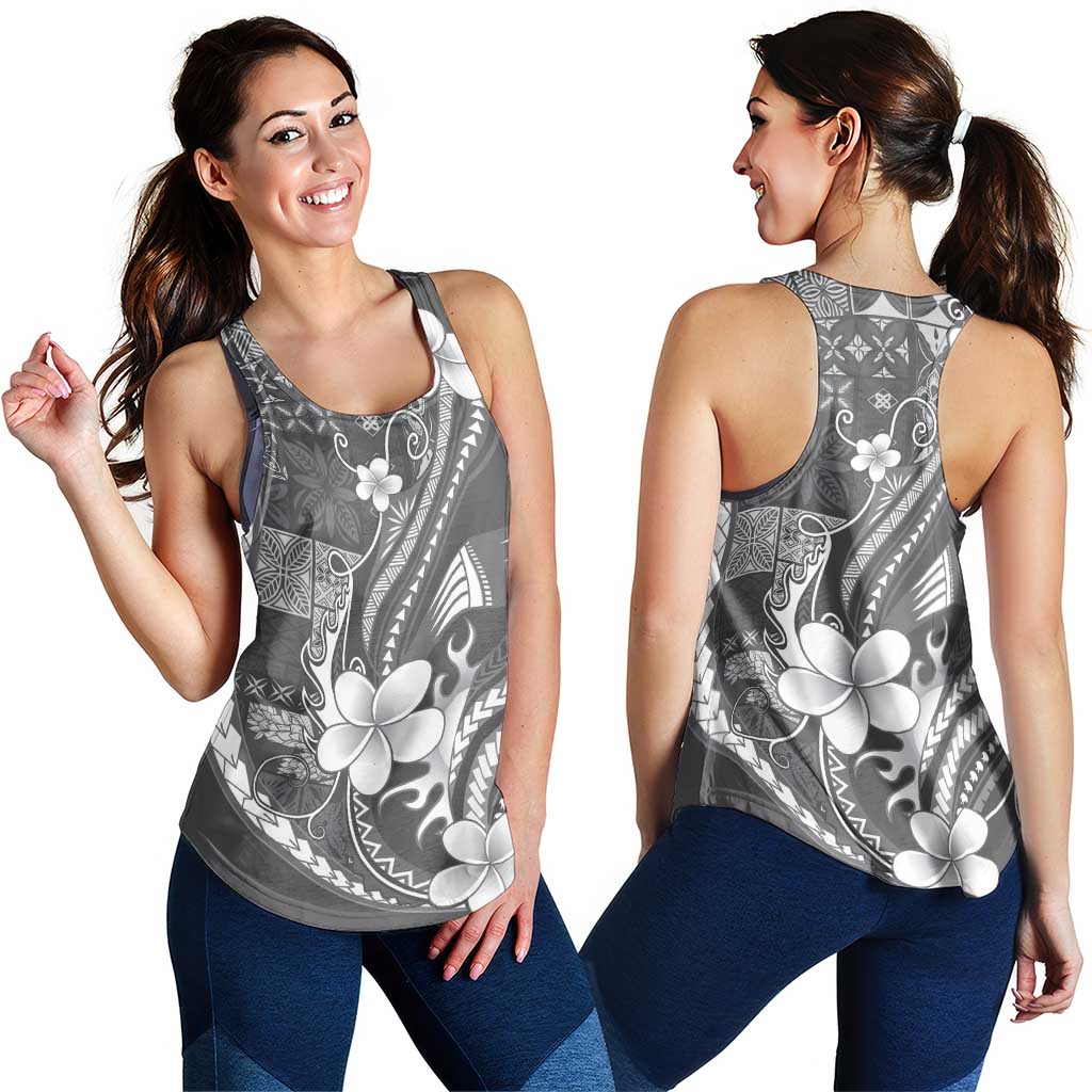 Samoa Siapo Tribal Pattern Women Racerback Tank Light Gray Polynesian Plumeria Tapa Motif