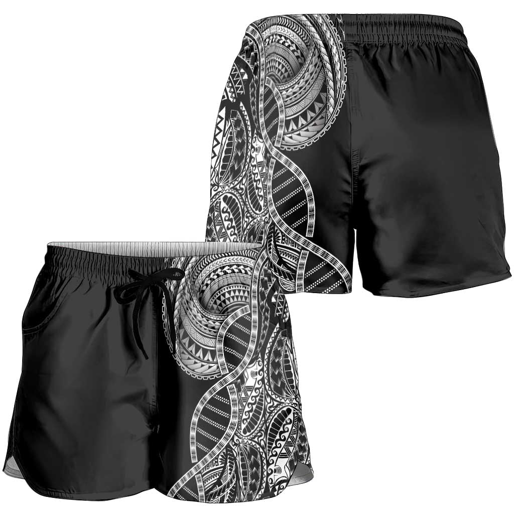 Samoan DNA Art Tattoo Shorts for Women Polynesian Pattern Black Color