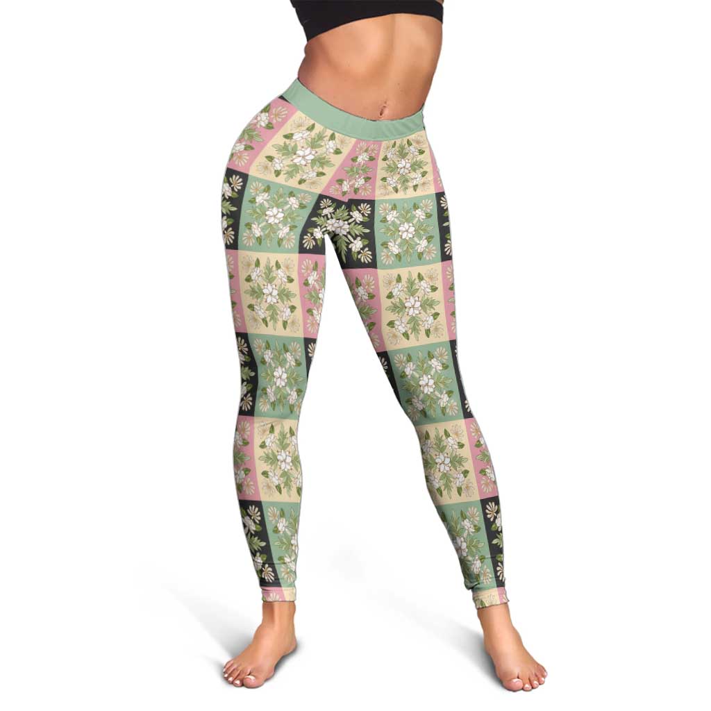 Seamless Pattern Maile and Pikake Lei Leggings Squares Maile Leaf - Polynesian Pride