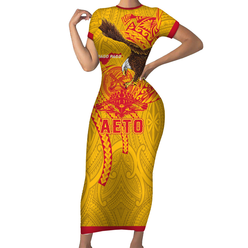 Personalized American Samoa Fautasi Race Short Red Cuff Sleeve Bodycon Dress Aeto Pago Pago with Eagle Samoan Tribal Patterns LT03