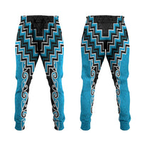 Sky Blue Niho Taniwha Mix Poutama Jogger Pants Unique Taniko Aotearoa - Polynesian Pride