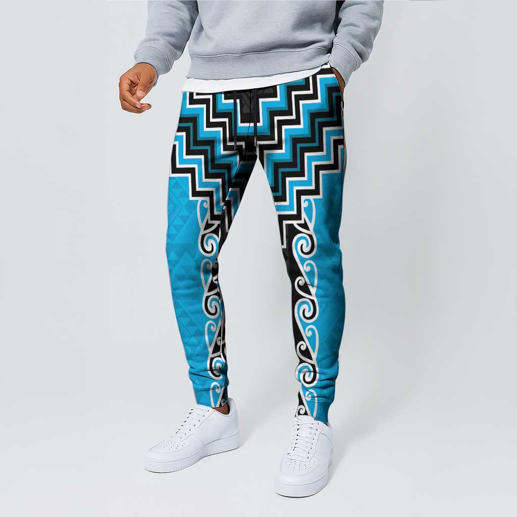 Sky Blue Niho Taniwha Mix Poutama Jogger Pants Unique Taniko Aotearoa - Polynesian Pride