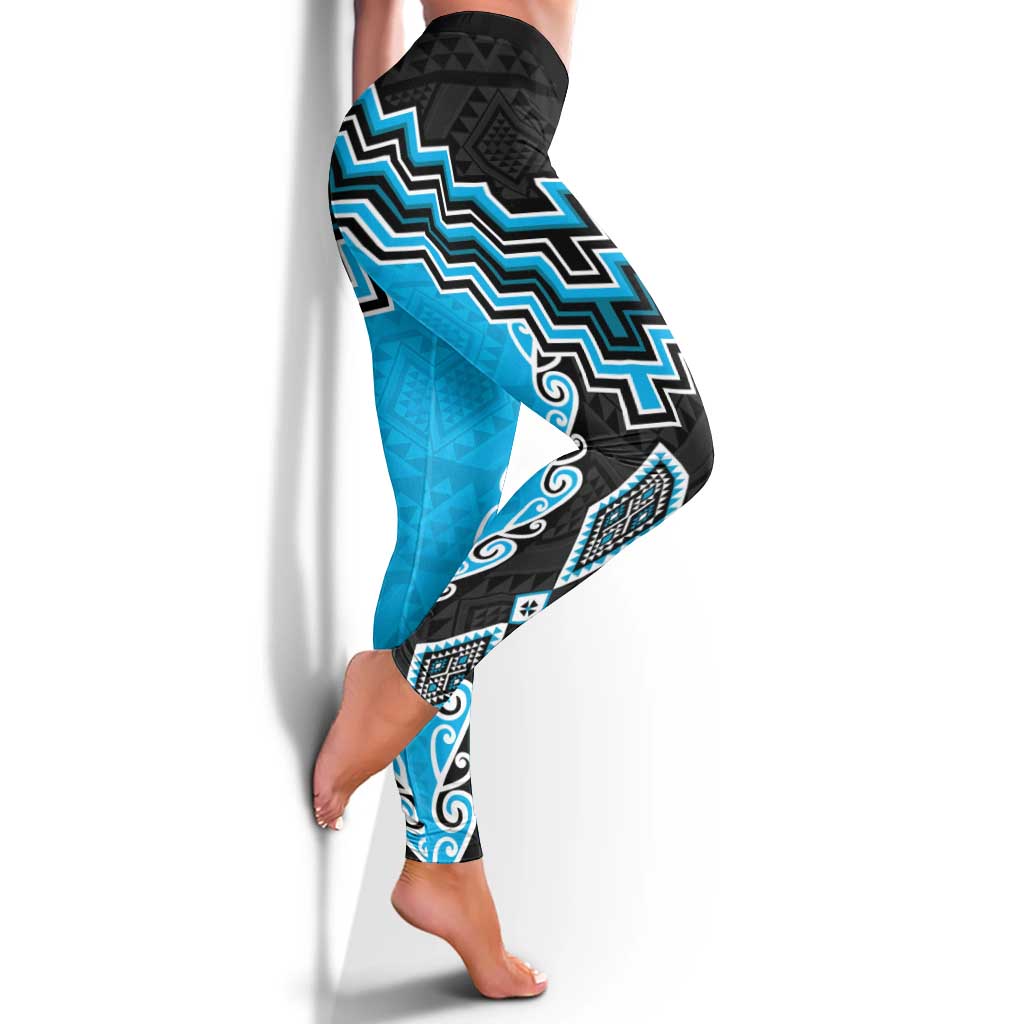 Sky Blue Niho Taniwha Mix Poutama Leggings Unique Taniko Aotearoa - Polynesian Pride