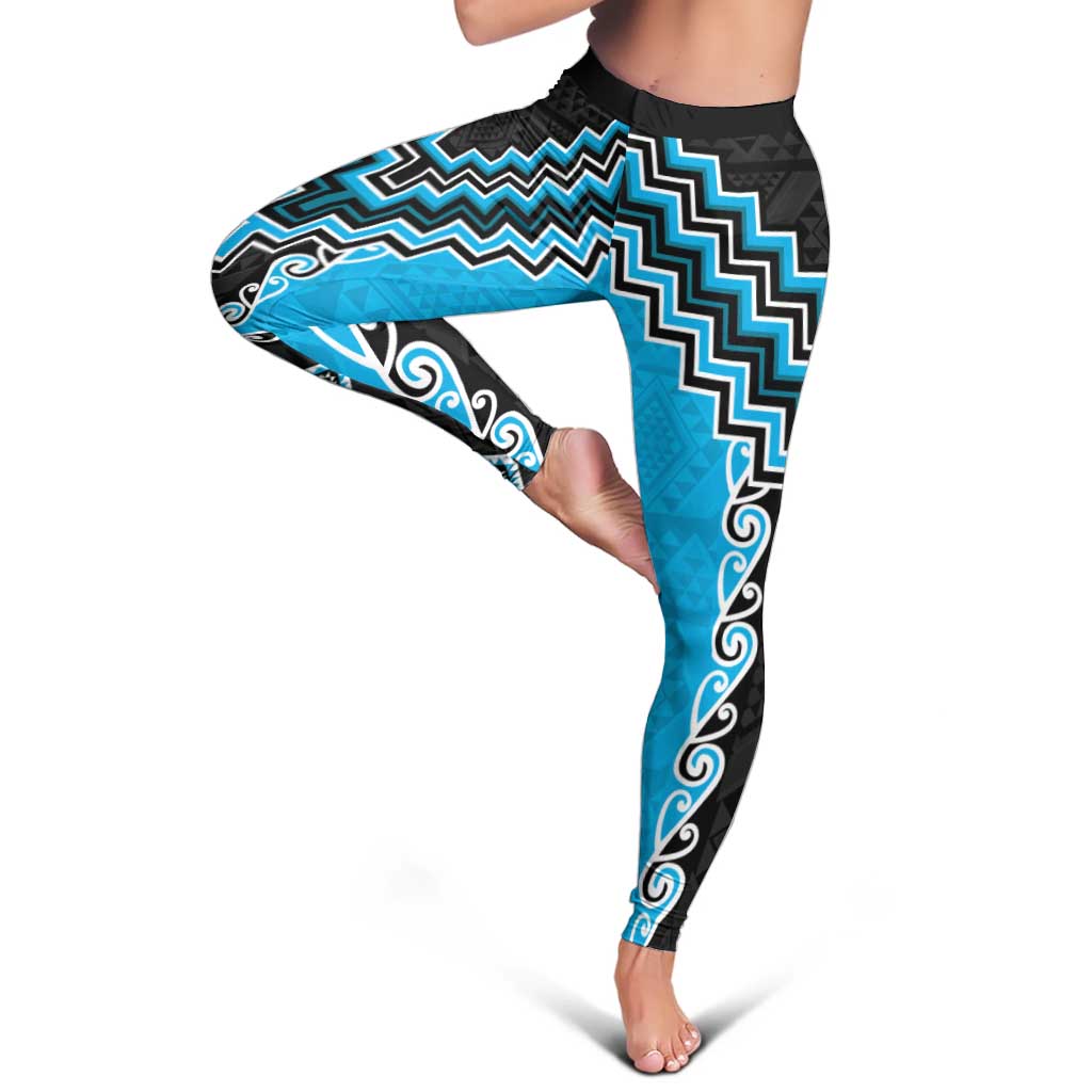 Sky Blue Niho Taniwha Mix Poutama Leggings Unique Taniko Aotearoa - Polynesian Pride