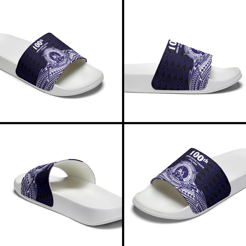 Tonga Queen Salote College 100th Years Slide Sandals Blue Tonga Kupesi Uniquely Pacific Art LT9