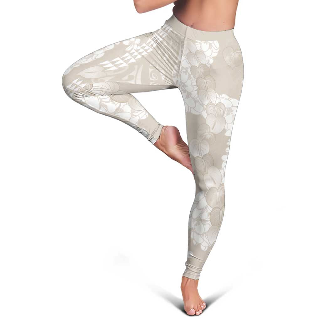 Suede Beige Hawaii Anthurium Plumeria Lei Leggings