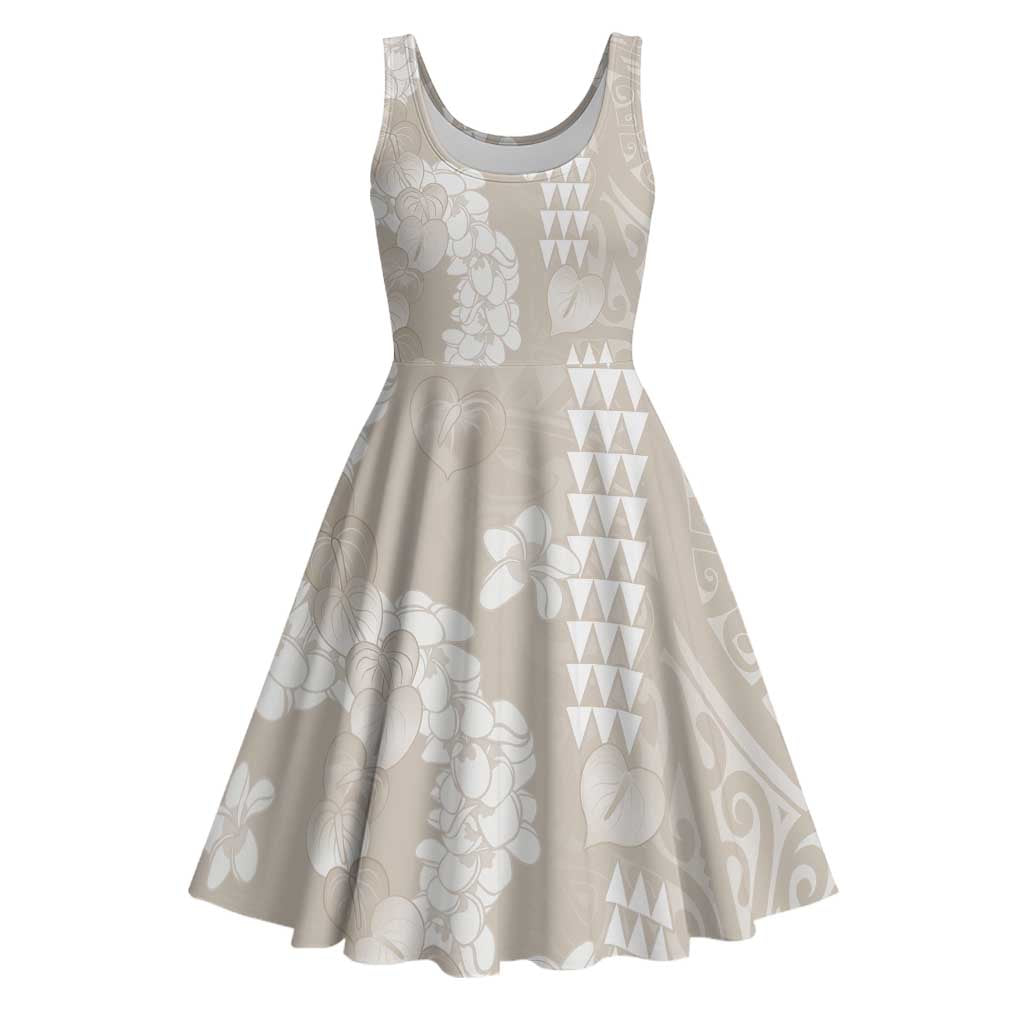 Suede Beige Hawaii Anthurium Plumeria Lei Midi Dress