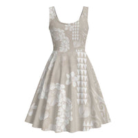 Suede Beige Hawaii Anthurium Plumeria Lei Midi Dress