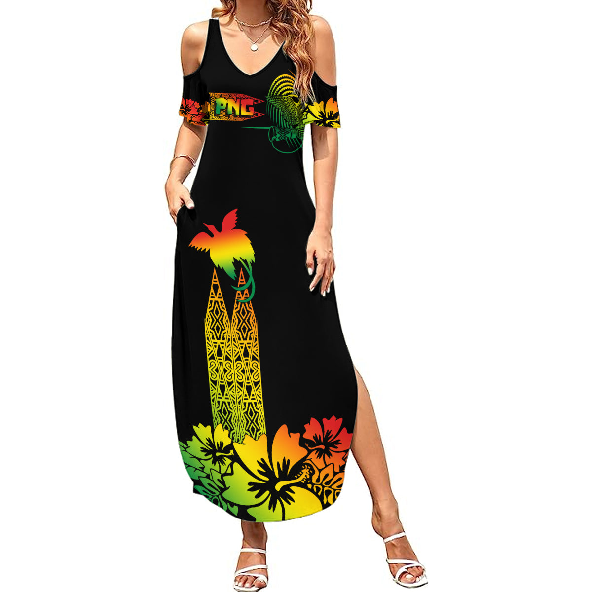 PNG Hibiscus Tribal Pattern Summer Maxi Dress Motuan Reggae Color LT7 Women Reggae - Polynesian Pride