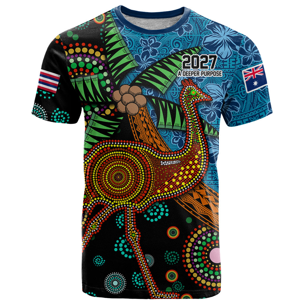 2027 Fiji and Australia with Hawaii Flag T Shirt Palm Tree and Abogirinal Emu LT03