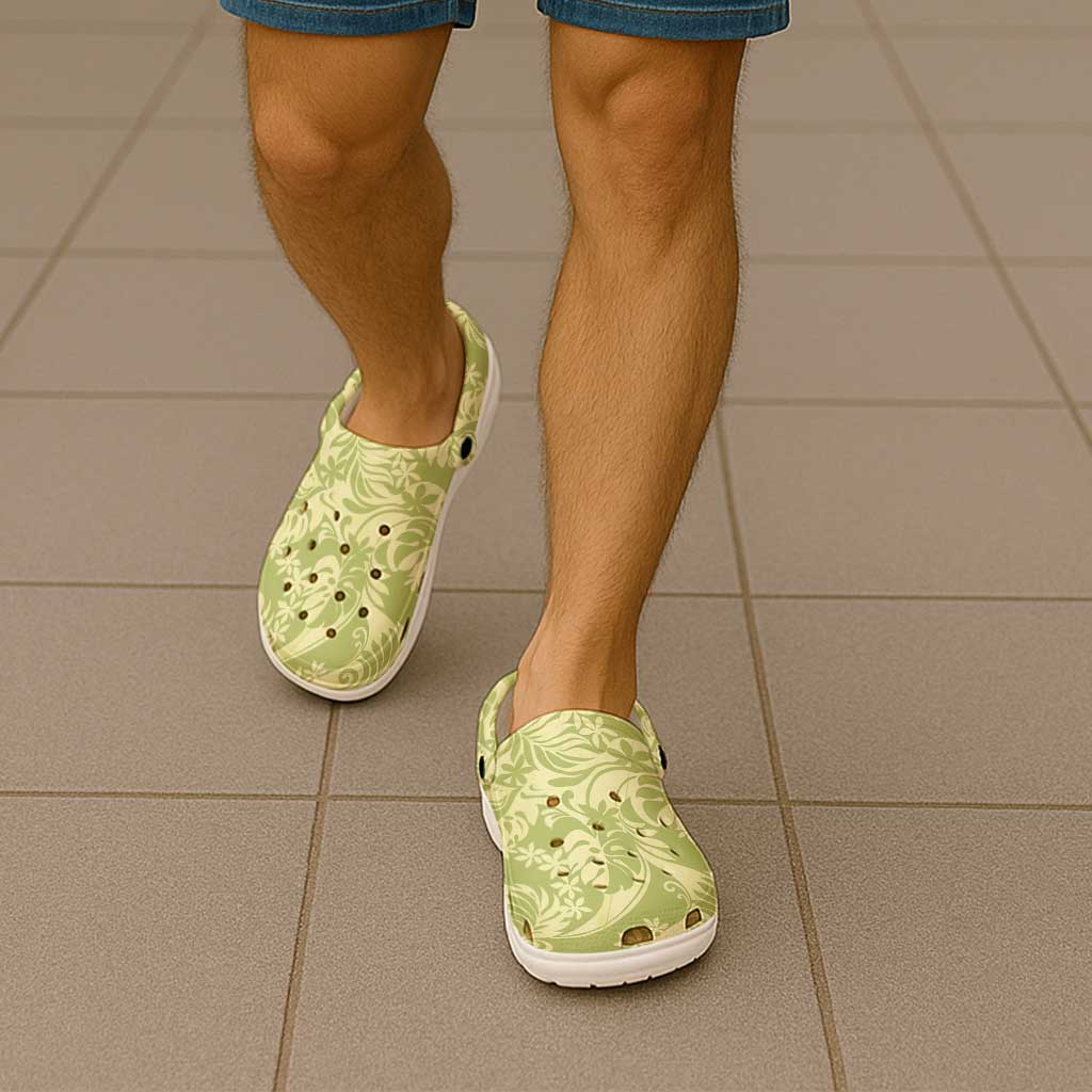 Tahiti Olive Tiare Floral Clogs Shoes Monstera Palm Tropical Leaves - Polynesian Pride