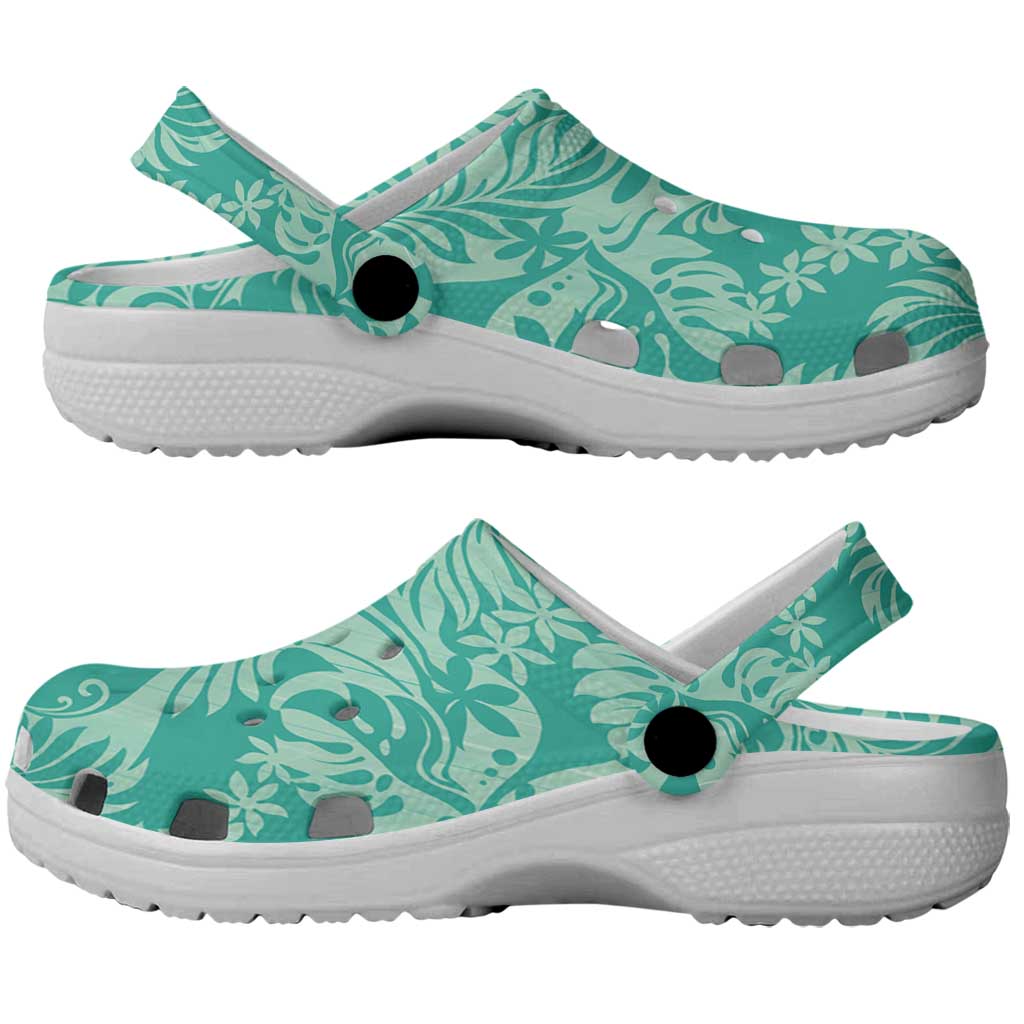 Tahiti Teal Tiare Floral Clogs Shoes Monstera Palm Tropical Leaves - Polynesian Pride