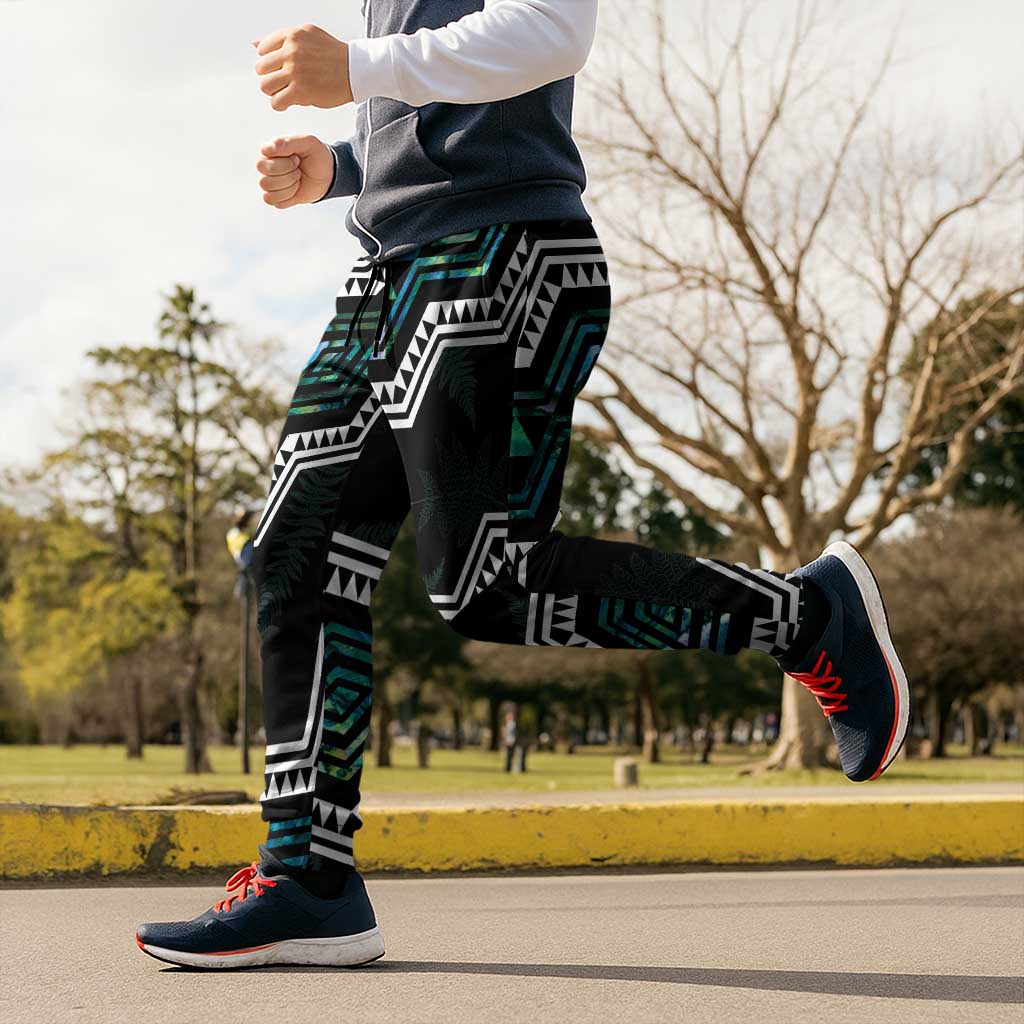Taniko Aotearoa Mix Paua Shell Jogger Pants Niho Taniwha Turquoise Glitter - Polynesian Pride