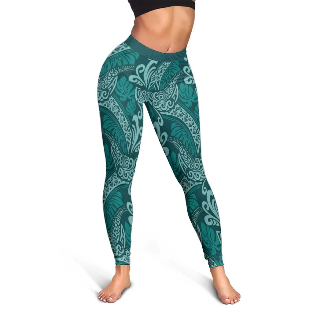Teal Monstera Leggings Polynesian Tribal Pattern - Polynesian Pride
