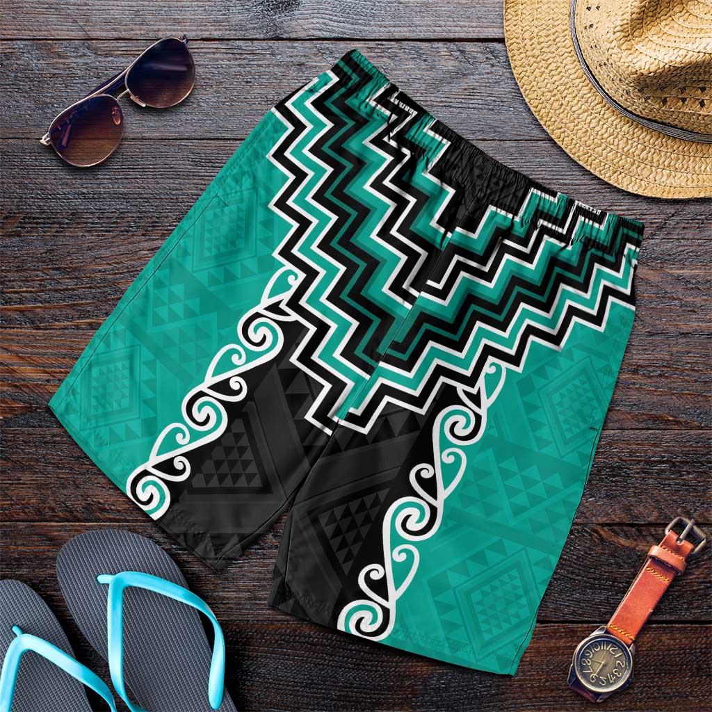 Teal Niho Taniwha Mix Poutama Shorts for Men Unique Taniko Aotearoa - Polynesian Pride