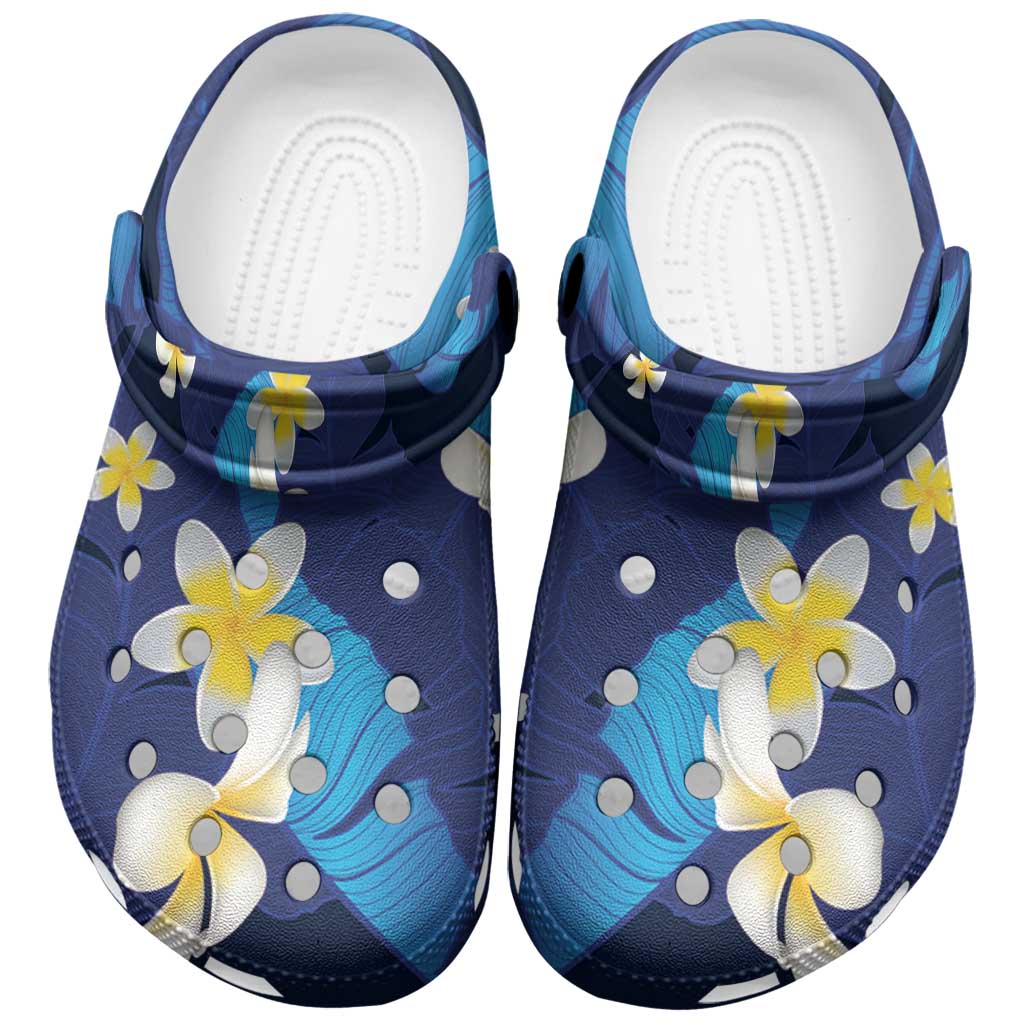 Teal Purple Banana Leaf Hawaii Clogs Shoes Lau Maia Plumeria Tropical Summer Vibes