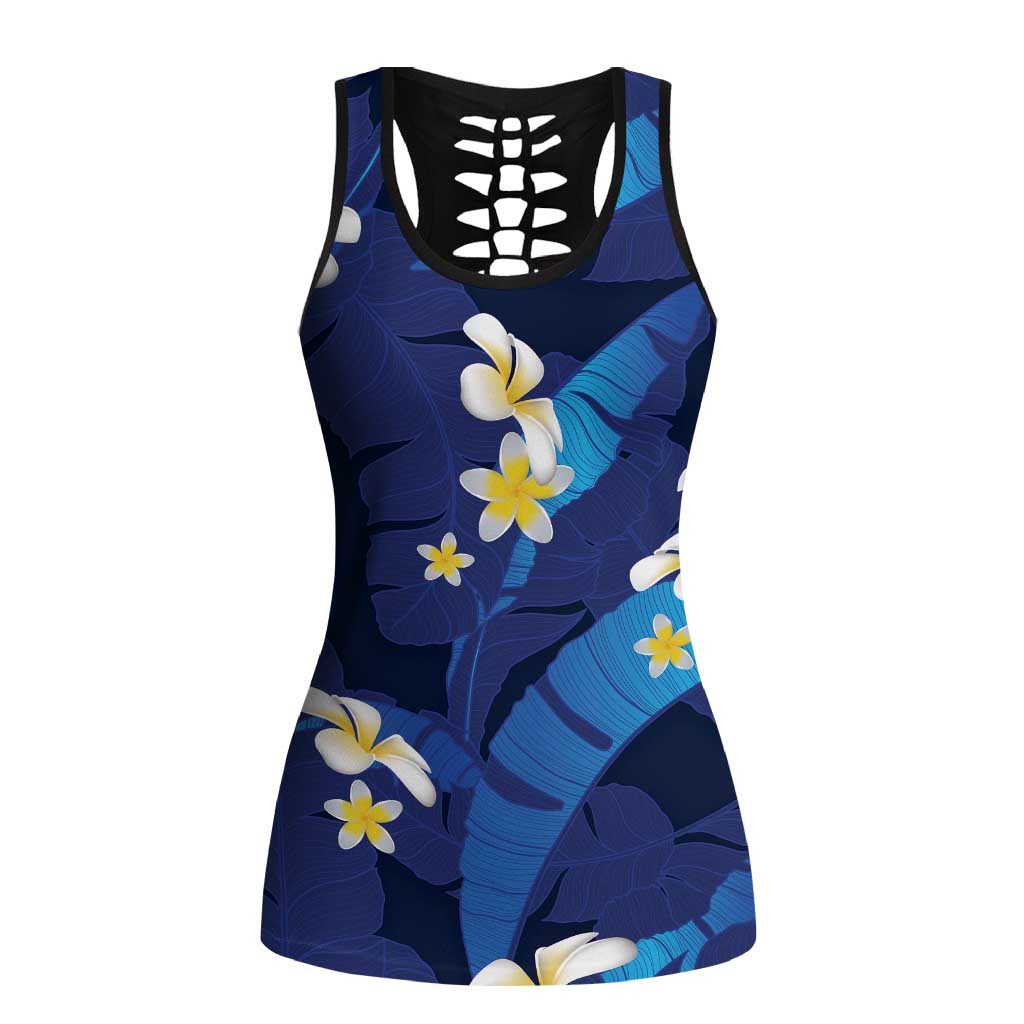 Teal Purple Banana Leaf Hawaii Hollow Tank Top Lau Maia Plumeria Tropical Summer Vibes LT14 Female Teal Purple - Polynesian Pride