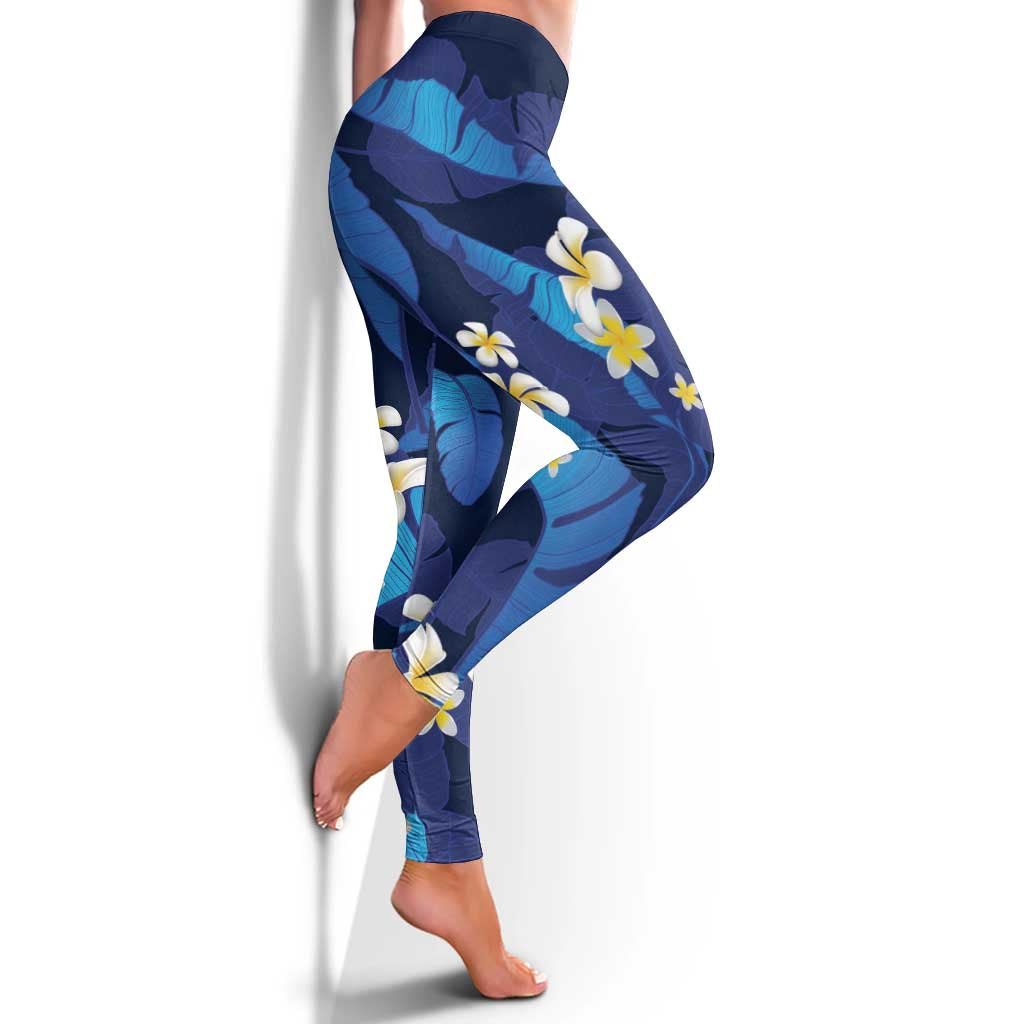 Teal Purple Banana Leaf Hawaii Leggings Lau Maia Plumeria Tropical Summer Vibes