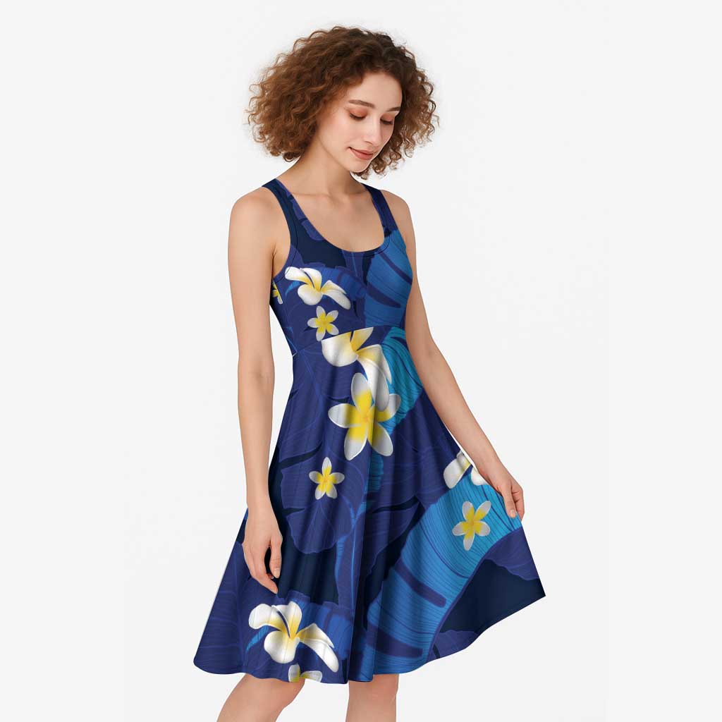 Teal Purple Banana Leaf Hawaii Midi Dress Lau Maia Plumeria Tropical Summer Vibes